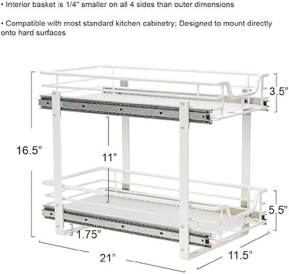 Household Essentials Glidez Multipurpose Powder-Coated Steel Pull-Out/Slide-Out Storage Organizer with Plastic Liners 2-Tier Dual-Slide Design, White