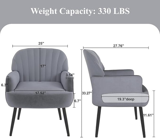 Velvet Accent Chair, Upholstered Modern Leisure Single Sofa Side Chair, Comfy Tufted Back Armchair with Metal Legs for Living Room/Bedroom/Office/Reading Room, Grey
