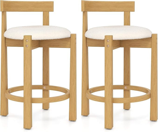 COSTWAY 24'' Counter Height Bar Stools Set of 2, Teddy Velvet Upholstered Bar Chairs with Backrests and Footrests, Wood High Barstools for Kitchen Island and Dining Room (Natural)