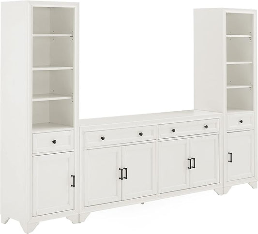 Crosley Furniture Tara 3-Piece Modern Farmhouse Sideboard Buffet Cabinet and Bookcase Set with Storage, Distressed White