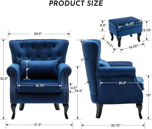 Accent Reading Arm Chairs with Ottoman for Living Room Bedroom, Midcentury Modern Comfy Corner Sofa Chair, Wingback Waiting Room Club Chair with Button Tufted Back &Lumbar Pillow, Velvet Blue