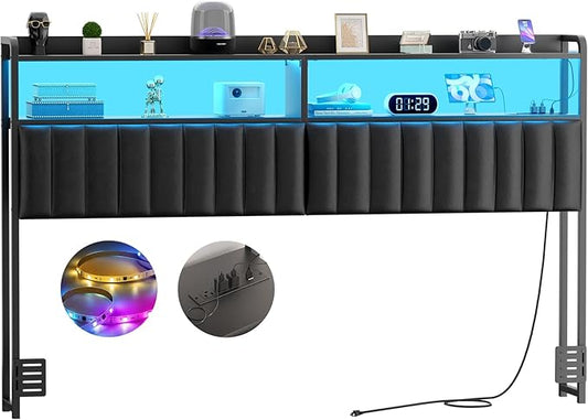Aheaplus Headboard for King Size Bed Frame, Upholstered Headboards with Outlets, USB Ports and LED Light, Leather Head Board with Storage, Height Adjustable, Comfortable Headboard, King Size, Black