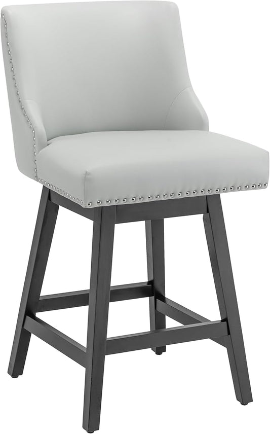 Bar Stool, PU Leather Barstool, 26 Inch Upholstered Counter Stools with 13.8" High Back and Footrest, Swivel Counter Height Barstools for Kitchen Island Home Bar Light Gray