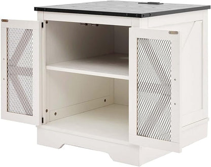 White Farmhouse End Table Set of 2, 24" Wood Sofa Side Table with Charging Station, Nightstand with Mesh Barn Door for Living Room, Square