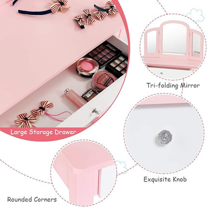 Costzon Kids Vanity, Girls Vanity Set with Tri-Folding Mirror, Stool, Storage Drawer, Princess Toddler Makeup Vanity Desk Dressing Table, Wooden Kids Vanity Table and Chair Set (Pink)