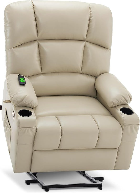 MCombo Oversized Dual Motor Power Lift Recliner Chair Sofa with Massage and Heat for Big Elderly People, Infinite Position, USB Ports, Faux Leather R7688 (Beige, Large-Oversize)