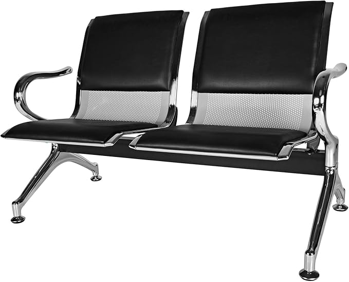 Kinsuite 2-Seat Waiting Room Bench - PU Leather Waiting Room Chairs with Arms & Non-Slip Foot Mats, Reception Chairs Guest Chair for Office Airport Bank Salon, Black