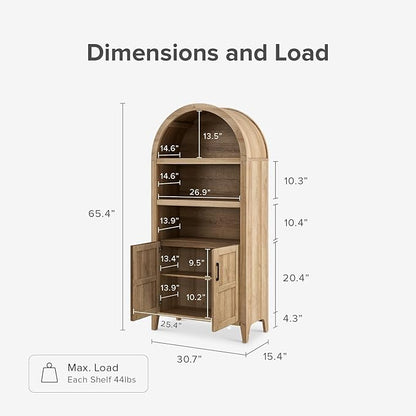 mopio Lauren 65.4" Short Arched Cabinet, 5-Tier Arched Bookcase with Doors and Shelves, Mini Arch Bookshelf with Storage, Wooden Storage Cabinet for Living Room and Kitchen Pantry (Oak)