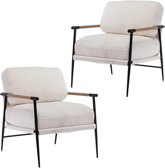 DUOMAY Mid-Century Modern Accent Chair Set of 2, Comfy Sherpa Sofa Lounge Chair Reading Corner Chair for Living Room Bedroom Office, Mid-Back Arm Chair with Black Metal Leg, White
