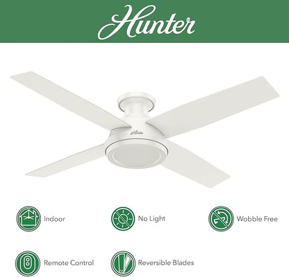Hunter Fan 52 inch Contemporary Low Profile No Light Fresh White Ceiling Fan with Remote Control (Renewed)