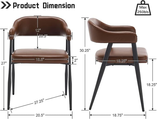 HNY Modern Dining Room Arm Chairs Set of 4, Retro Faux Leather Upholstered Barrel Dining Chairs with Arms Mid-Century Brown Accent Chair with Metal Legs, Open-Back Kitchen Side Chair for Living Room