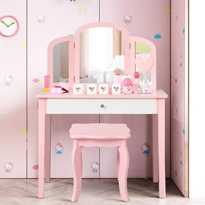 Costzon Kids Vanity, Girls Vanity Set with Tri-Folding Mirror, Stool, Storage Drawer, Princess Toddler Makeup Vanity Desk Dressing Table, Wooden Kids Vanity Table and Chair Set (Pink)