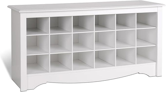 Prepac White Shoe Cabinet, Entryway Bench, Mud Room Organization and Storage Bench with 18 Shoe Cubbies 16"D x 48"W x 24"H