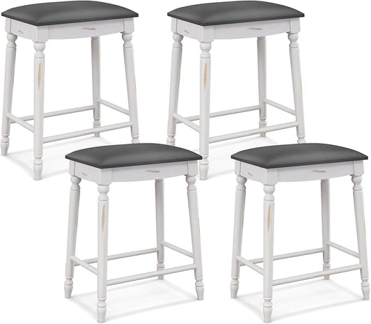 COSTWAY Upholstered Bar Stools Set of 4, 24-Inch Backless Counter Height Dining Stools with Delicate Wood Carving, Footrest, Solid Rubber Wood Frame, Farmhouse BarStools for Kitchen Island Bar, White