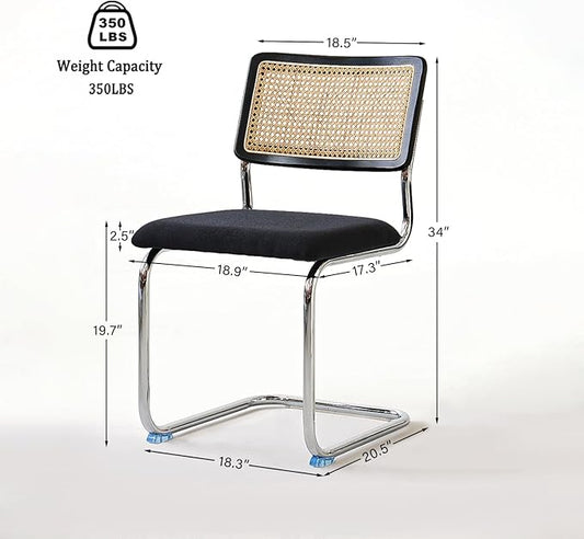 Black Chrome Rattan Dining Chairs Set of 2, Wooden Mid-Century Modern Kitchen Chairs, Mesh Back Cane Dining Room Chairs, Cesca Design Chair with Metal Chrome Legs