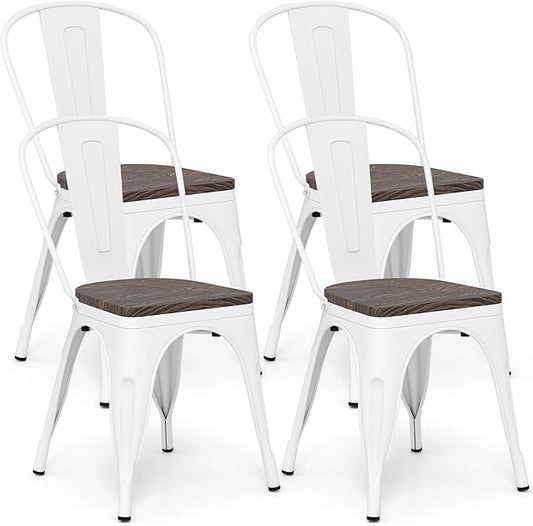 COSTWAY 18 Inch Dining Chair Set of 4, Industrial Vintage Stackable Metal Chairs, Counter Bar Chairs with High Backrest, Wood Seat, for Home, Kitchen and Cafe Bar Use