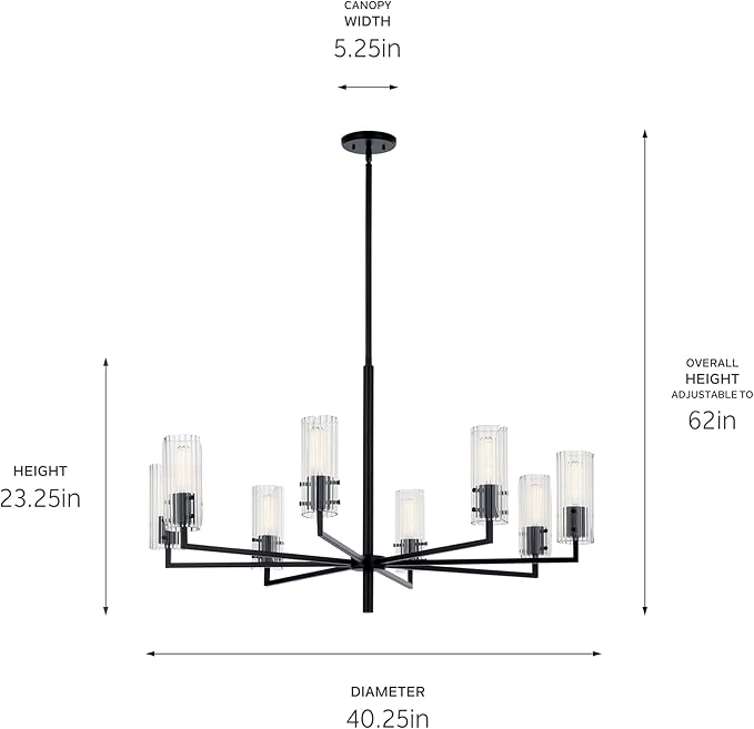 KICHLER Velestino 40.25" 8 Light Chandelier in Black, for Foyer, Dining Room, Living Room, Bedroom, (23.25" x 40.25") 52680BK