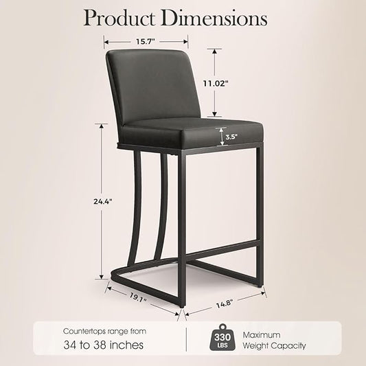 Sophia & William Counter Stools Set of 2, Counter Height 24" Bar Stools with Back for Kitchen Island, Faux Leather Upholstered Bar Stools,330lbs,Grey