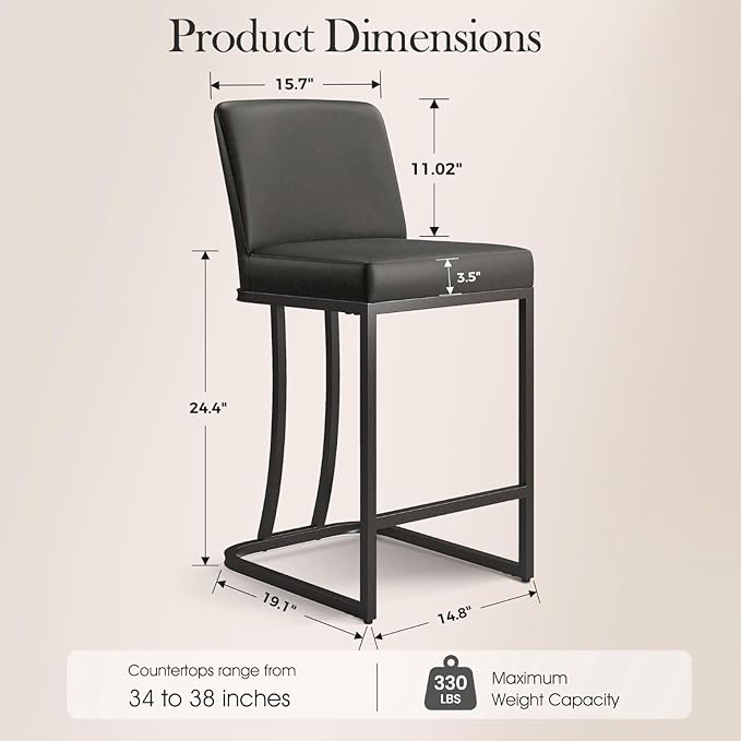 Sophia & William Grey Leather Bar Stools Set of 4, Counter Height 24" Bar Stools