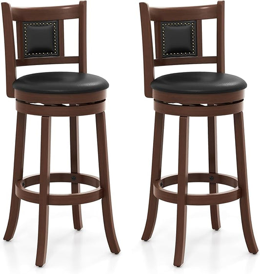 COSTWAY Bar Stools Set of 2, 30.5” Swivel Upholstered Bar Height Bar Stool with Curved Backrest & Cushioned Seat, Solid Rubber Wood Legs & Resting Footrest, for Kitchen Island (2, 30.5”)