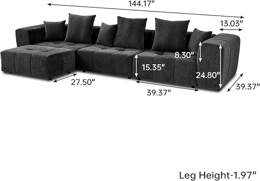 JACH 144.1 Inch L-Shaped Modular Sofas, Modern 3-Seater Couch with Chaise Ottoman, Mid Century Modern Sectional Couches, Cozy Sleeper Sofa for Apartment/Living Room (Linen Fabric, Black)