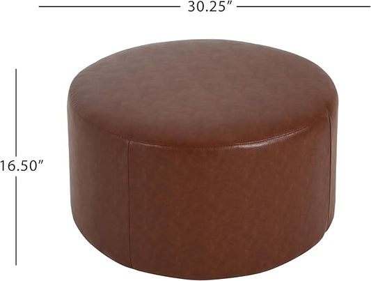 Christopher Knight Home GAVI 30" Ottoman Foot Stool, Faux Leather Pouf Footstool Ottoman Seat, Upholstered Foot Chair, Round Footrest, Modern Side Table for Living Room Bedroom Home Decor, Brown
