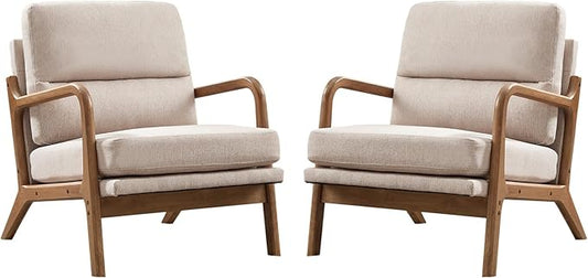 Mid Century Modern Accent Chair Set of 2, Linen Fabric Upholstered Lounge Arm Chair with Solid Wood Frame and Soft Cushion for Living Room, Bedroom, Balcony (1, Beige)