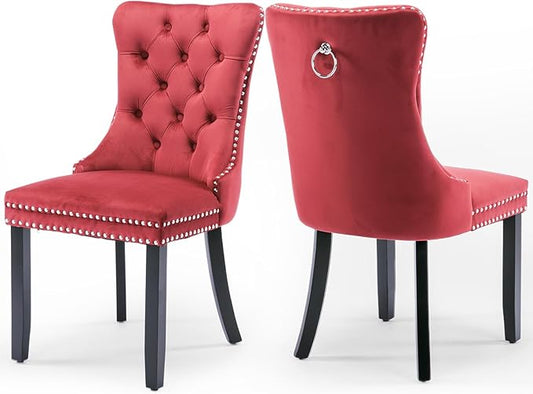 Velvet Upholstered Dining Chairs Set of 2, Modern Style Kitchen Side Chairs with Nailhead Trim and Wood Legs,Metal Pulling Ring for Dining Room Living Room(Wine Red,Set of 2)