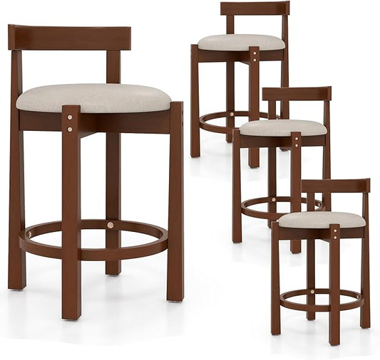 COSTWAY 24'' Counter Height Bar Stools Set of 4, Linen Upholstered Bar Chairs with Backrests and Footrests, Wood High Barstools for Kitchen Island and Dining Room (Walnut)