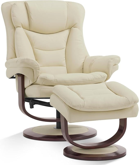 MCombo Oversized Swivel Recliner Chair with Ottoman, Adjustable Backrest, 360° Wood Base, High Seat, Faux Leather Lounge Chair for Tall Users in Living Room Office 4651 (Cream White)