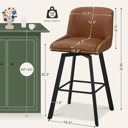 Swivel Bar Stools Set of 2, 30''H Upholstered Barstools with Backs, Modern Counter Height Bar Stool Chairs for Kitchen Island, Metal Legs, Faux Leather, Brown Counter Stools