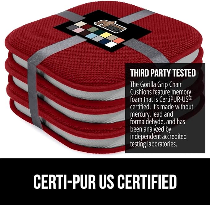 GORILLA GRIP Slip Resistant Chair Cushions, No Ties Required, Set of 6 Memory Foam Pads for Dining Room, Kitchen Table, Office, Rocking Chairs, Plush Seat Cover Cushion Pad, Home Decor, 16x16, Red