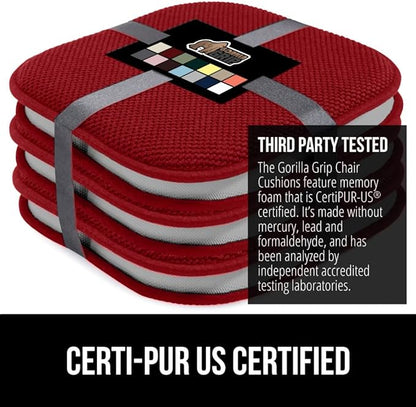 GORILLA GRIP Slip Resistant Chair Cushions, No Ties Required, Set of 6 Memory Foam Pads for Dining Room, Kitchen Table, Office, Rocking Chairs, Plush Seat Cover Cushion Pad, Home Decor, 16x16, Red