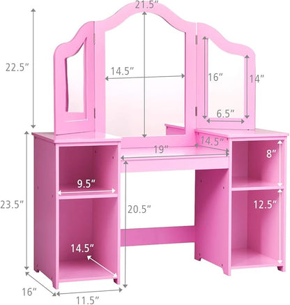 GOFLAME Kids Vanity Table, 2 in 1 Detachable Design with Dressing Table and Writing Desk, Princess Makeup Dressing Table with 4 Large Storage Shelves and 3-Panel Mirror for Kids and Girls (Pink)