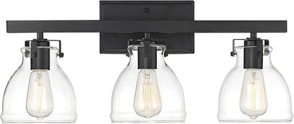 Possini Euro Design Bellis Modern Industrial Wall Light Black Hardwired 22 3/4" 3-Light Fixture Clear Curving Glass Shade for Bedroom Bathroom Vanity Living Room Home Hallway Dining Kitchen House