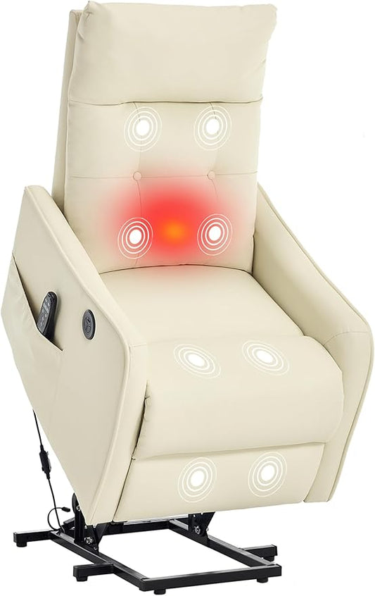 PELUMY Manual Lift Recliner Chair with Massage and Heat for Elderly, Single Motor Electric Lift Chair, Heavy Duty Recliner with USB Charging & Side Pockets (Breathable Leather, Beige)