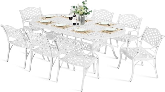 MEETWARM 9-Piece Outdoor Patio Dining Set, 8 Outdoor Dining Chairs and 1 Oval Table with 2" Umbrella Hole, All Weather Cast Aluminum Patio Funiture Set for Backyard, Garden, Patio,White