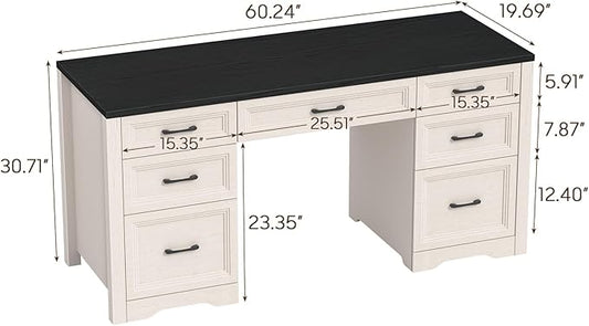 Farmhouse Executive Desk, Wood Home Office Desk with 2 Large File Drawers and 5 Storage Cabinets, Rustic Writing Desk for Work and Study, Black
