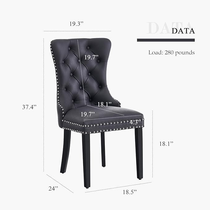 Leather Dining Chair Set of 2, Dining Room Chairs with Nailhead Ring Pull Trim, Upholstered Dining Chairs with Solid Wood Legs for Kitchen Dining Room (Black)