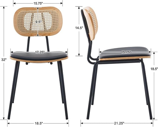 Mid-Century Modern Rattan Cane Back Dining Chairs Set of 6 — PU Leather Upholstered Seat, Black Metal Legs, Kitchen Side Chairs for Kitchen & Dining Room, Black