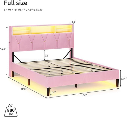 Full Size Bed Frames with Storage Headboard,Power Outlet, Modern Velvet Upholstered Platform Bed LED Bed Frame with 5 Storage Shelves, No Box Spring Needed, Pink