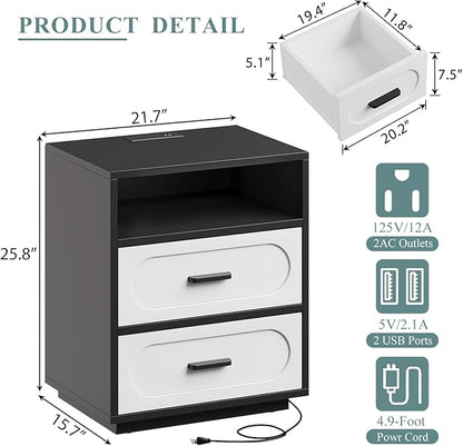 Nightstands Set of 2 with Charging Station, 25.8" Tall Wide Bedside Table with 2 Storage Drawers & Open Shelf, Mid Century Modern Wood End Table for Bedroom, Living Room, Black/White