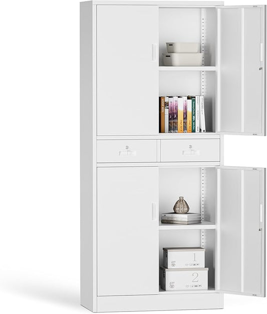 Metal Storage Cabinet with 2 Drawers 71" H,White Metal Garage Cabinets with 2 Lockable Doors and Adjustable Shelves Easy to Assemble for Home Office, Kitchen,Pantry,Garage,Warehouse