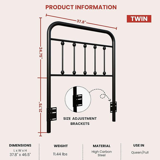 Vintage Twin Size Metal Bed Frame Height Adjustable Headboard Only, Wrought Iron Black Farmhouse Bed Frame Headboard, Easy Assembly, Short Clearance, Tall or Low Setting