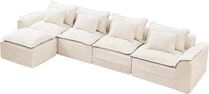 Hobestluk Cloud Modular Sectional Couch 4-Seater Sofa with Ottoman L Shaped Couch Deep Seat Sofa with Removable Cover Large Sofa for Living Room (Beige, 4-Seater Sofa with One Ottoman)