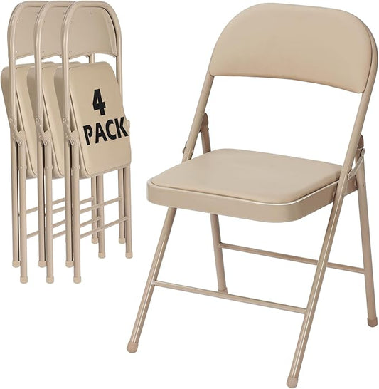4 Pack Khaki Folding Chairs with Padded Cushion and Back, Portable Stackable Commercial Metal Foldable Chairs with Steel Frame for Party Events Wedding Home Office, 350lbs Capacity
