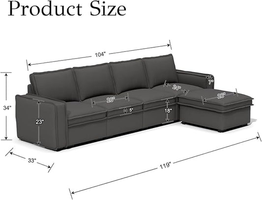 EALSON 119" Modular Sectional Sofa Comfy Cloud Couch with Ottoman Modern Convertible L Shape Couches with Wooden Legs Linen Deep Seat Couch 4-Seater Sofa with Ottoman for Living Room/Apartment, Grey