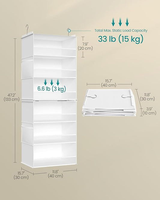 SONGMICS Hanging Closet Organizer, 6-Tier Fabric Storage Shelf, Separable Closet Hanging Shelf with Side Pockets, Foldable, Metal Hooks and Bamboo Inserts, Cloud White URCH007W01