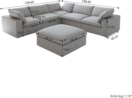 Cloud Couch Modular Sectional Sofa with Storage Ottomans,160.6" Down Filled 6 Seater Convertible Sectional Sofas,V Shaped Gray Couch for Living Room,Covers Washable&Replaceable