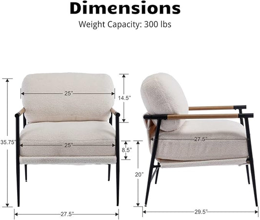 HEAH-YO Modern Accent Chair Set of 1, Upholstered Lambwool Living Room Chair with Backrests, Comfy Reading Armchair for Bedroom, White